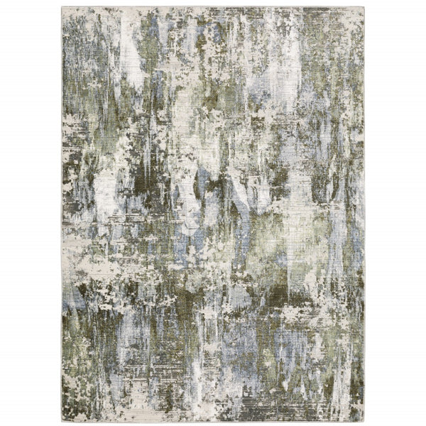HomeRoots 2' Contemporary Abstract Runner Rug in Green, Blue, Grey, Ivory & Brown - Stain Resistant & Durable 8' X 11' 508566