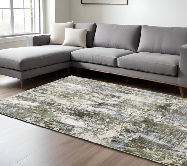 HomeRoots 2' Contemporary Abstract Runner Rug in Green, Blue, Grey, Ivory & Brown - Stain Resistant & Durable 8' X 11' 508566