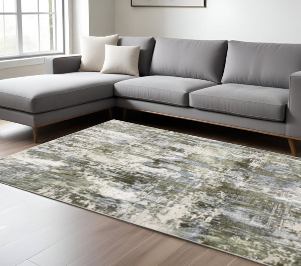 HomeRoots 2' Contemporary Abstract Runner Rug in Green, Blue, Grey, Ivory & Brown - Stain Resistant & Durable 10' X 13' 508567