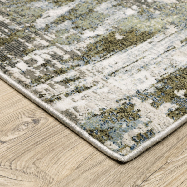 HomeRoots 2' Contemporary Abstract Runner Rug in Green, Blue, Grey, Ivory & Brown - Stain Resistant & Durable 10' X 13' 508567