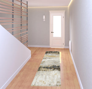 Homeroots 2' X 8' Grey Gold Beige Black And Brown Abstract Power Loom Stain Resistant Runner Rug Grey,Gold Polyester 508574