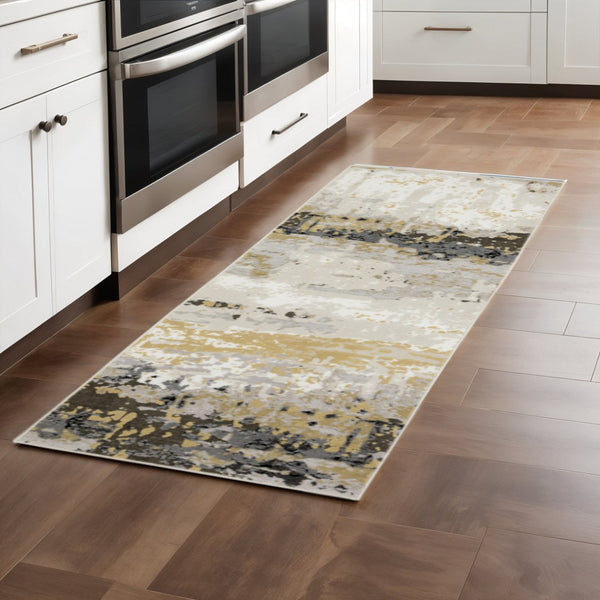 HomeRoots 2' Contemporary Abstract Power Loom Runner Rug in Subtle Tones for Stylish Hallways and Entryways Grey/ Gold 2'3" x 7'6" 508574