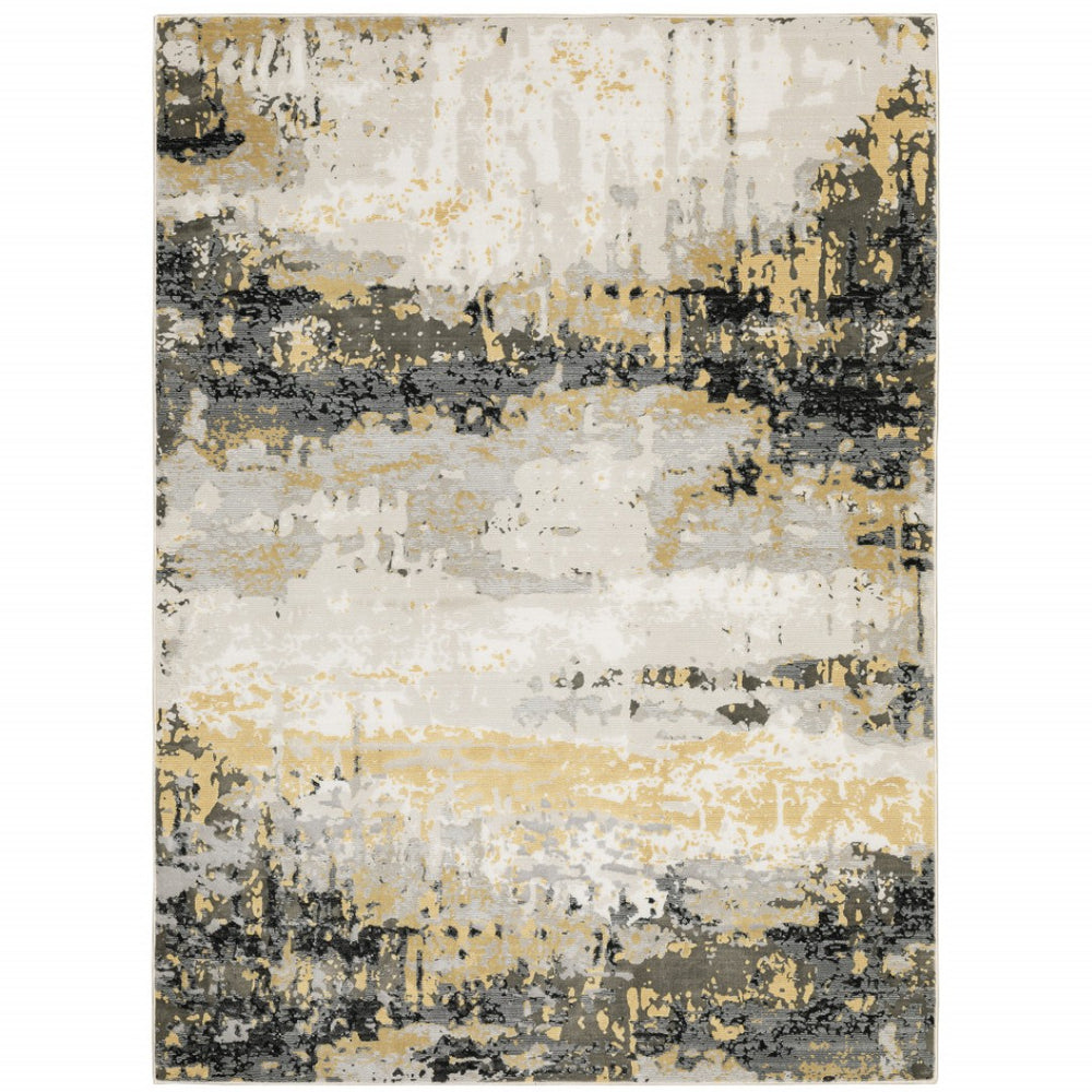 HomeRoots 10' x 13' Abstract Area Rug in Grey, Gold, Beige, Black & Brown – Stain Resistant, Easy Care Design 508579