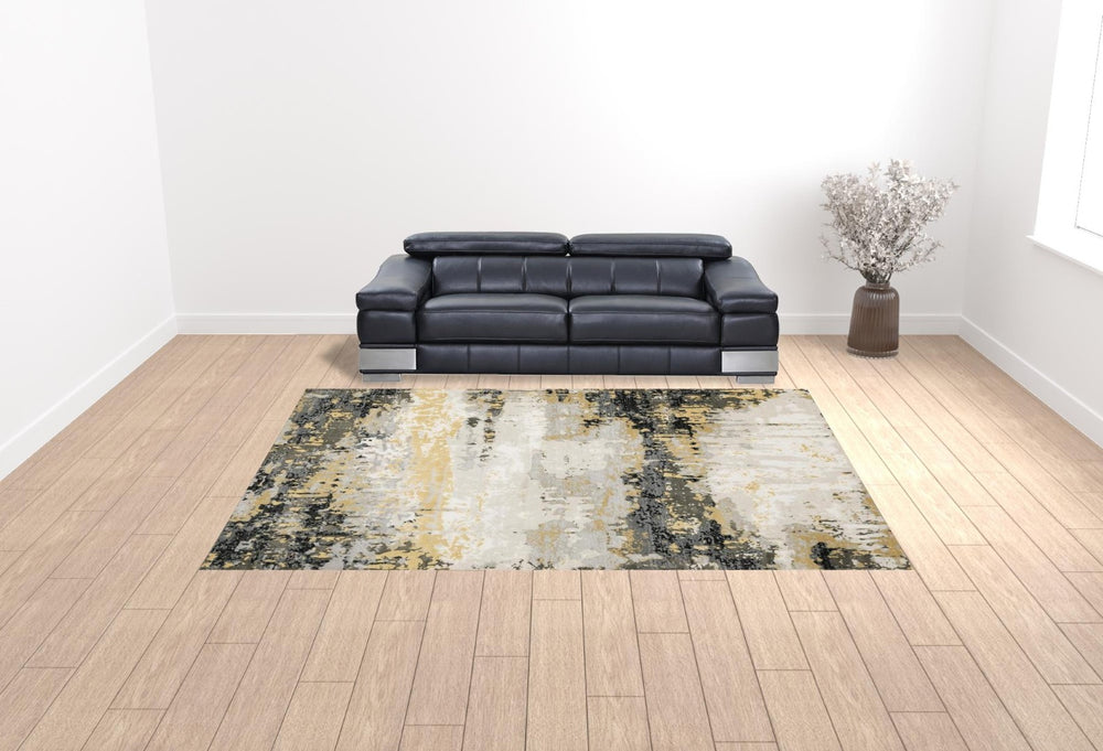HomeRoots 10' x 13' Abstract Area Rug in Grey, Gold, Beige, Black & Brown – Stain Resistant, Easy Care Design 508579