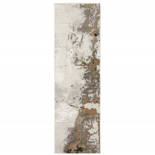HomeRoots 2' Abstract Power Loom Runner Rug in Grey, Salmon Pink, Blue, Beige & Green - Stain Resistant Design 2'3" x 7'6" 508580