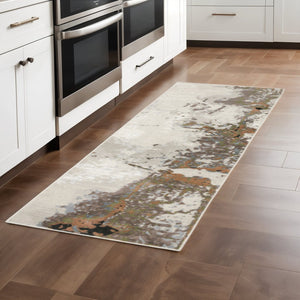 HomeRoots 2' Abstract Power Loom Runner Rug in Grey, Salmon Pink, Blue, Beige & Green - Stain Resistant Design 2'3" x 7'6" 508580