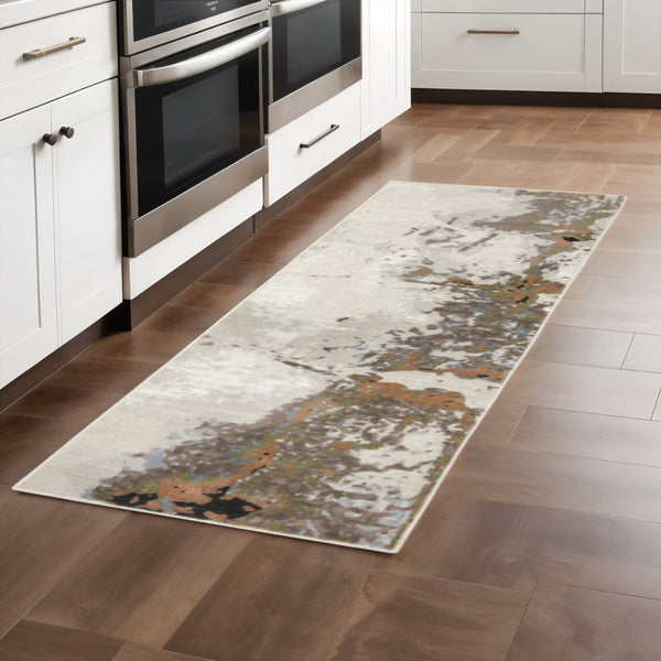 HomeRoots 2' Abstract Power Loom Runner Rug in Grey, Salmon Pink, Blue, Beige & Green - Stain Resistant Design 2'3" x 7'6" 508580