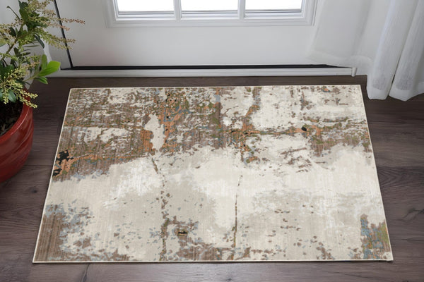 HomeRoots 2' Abstract Power Loom Runner Rug in Grey, Salmon Pink, Blue, Beige & Green - Stain Resistant Design 3' x 5' 508581