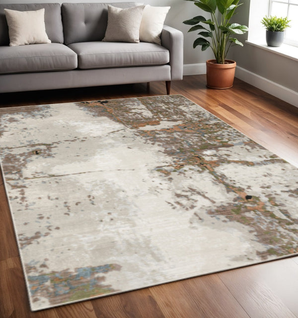 HomeRoots 2' Abstract Power Loom Runner Rug in Grey, Salmon Pink, Blue, Beige & Green - Stain Resistant Design 5' X 8' 508582