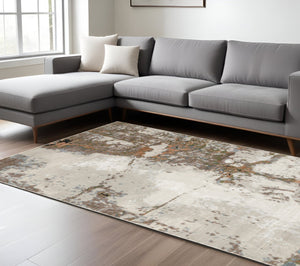 HomeRoots 2' Abstract Power Loom Runner Rug in Grey, Salmon Pink, Blue, Beige & Green - Stain Resistant Design 8' X 11' 508584