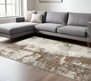 HomeRoots 2' Abstract Power Loom Runner Rug in Grey, Salmon Pink, Blue, Beige & Green - Stain Resistant Design 10' X 13' 508585