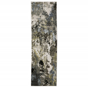 HomeRoots 2' Abstract Power Loom Stain-Resistant Runner Rug in Modern Colors for High-Traffic Areas Grey/ Green 2'3" x 7'6" 508598