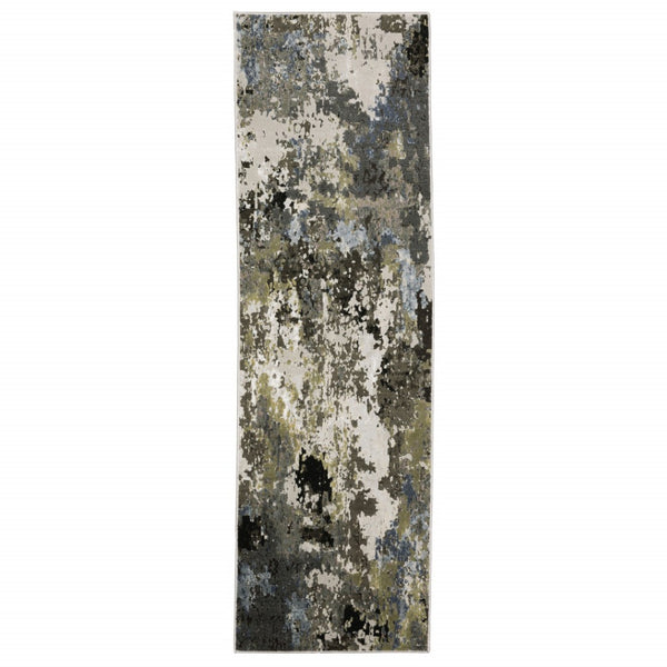 HomeRoots 2' Abstract Power Loom Stain-Resistant Runner Rug in Modern Colors for High-Traffic Areas Grey/ Green 2'3" x 7'6" 508598