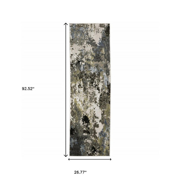 HomeRoots 2' Abstract Power Loom Stain-Resistant Runner Rug in Modern Colors for High-Traffic Areas Grey/ Green 2'3" x 7'6" 508598