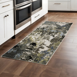 HomeRoots 2' Abstract Power Loom Stain-Resistant Runner Rug in Modern Colors for High-Traffic Areas Grey/ Green 2'3" x 7'6" 508598