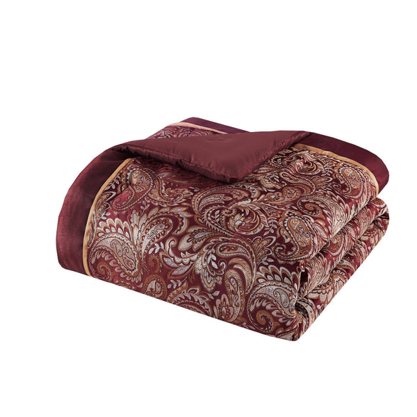 English Elm 12 Piece Comforter Set - Luxurious Burnt Red Jacquard With Cotton Sheets For California King Bed B035128828