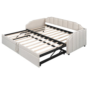 English Elm Twin Linen Upholstered Daybed with Pop up Trundle and Built in Usb Charging Beige SF000199AAA