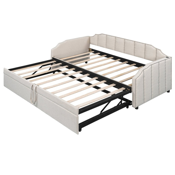 English Elm Twin Linen Upholstered Daybed with Pop up Trundle and Built in Usb Charging Beige SF000199AAA