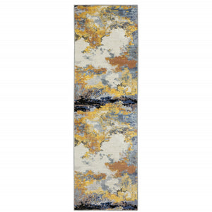 HomeRoots 2' Abstract Multi-Tone Power Loom Runner Rug in Yellow, Gold, Blue, Grey, Brown & Beige Decorate Spaces 2'3" x 7'6" 508610
