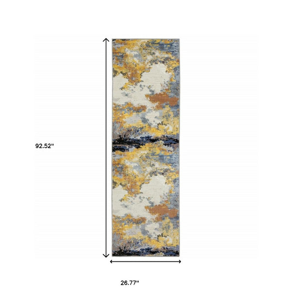 HomeRoots 2' Abstract Multi-Tone Power Loom Runner Rug in Yellow, Gold, Blue, Grey, Brown & Beige Decorate Spaces 2'3" x 7'6" 508610