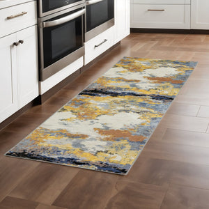 HomeRoots 2' Abstract Multi-Tone Power Loom Runner Rug in Yellow, Gold, Blue, Grey, Brown & Beige Decorate Spaces 2'3" x 7'6" 508610