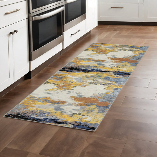HomeRoots 2' Abstract Multi-Tone Power Loom Runner Rug in Yellow, Gold, Blue, Grey, Brown & Beige Decorate Spaces 2'3" x 7'6" 508610