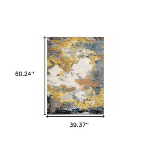 HomeRoots 2' Abstract Multi-Tone Power Loom Runner Rug in Yellow, Gold, Blue, Grey, Brown & Beige Decorate Spaces 3' x 5' 508611
