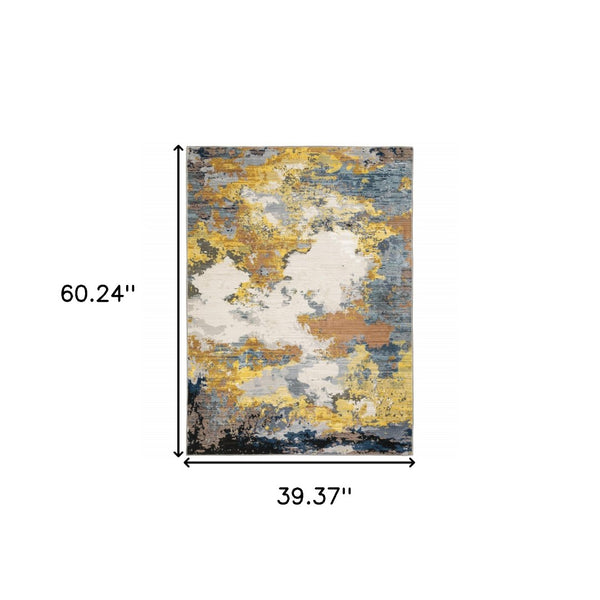 HomeRoots 2' Abstract Multi-Tone Power Loom Runner Rug in Yellow, Gold, Blue, Grey, Brown & Beige Decorate Spaces 3' x 5' 508611
