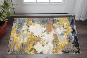 HomeRoots 2' Abstract Multi-Tone Power Loom Runner Rug in Yellow, Gold, Blue, Grey, Brown & Beige Decorate Spaces 3' x 5' 508611