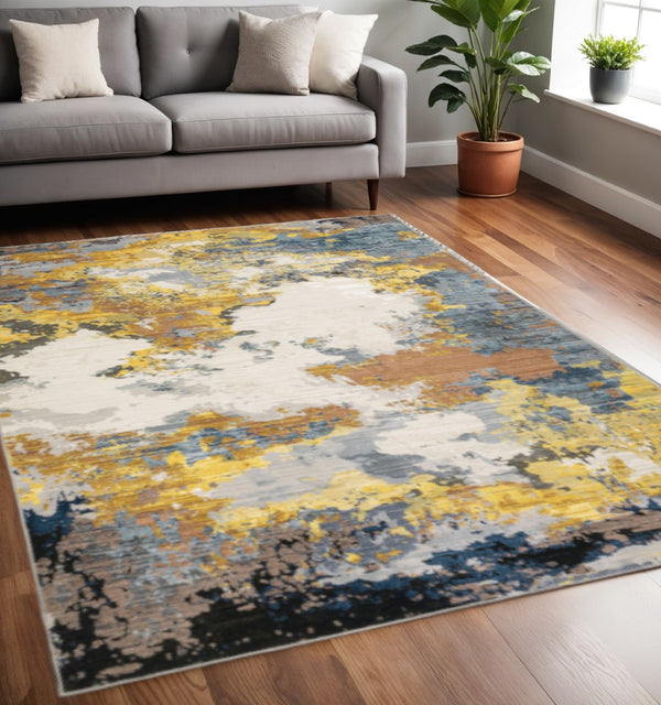 HomeRoots 2' Abstract Multi-Tone Power Loom Runner Rug in Yellow, Gold, Blue, Grey, Brown & Beige Decorate Spaces 5' X 8' 508612