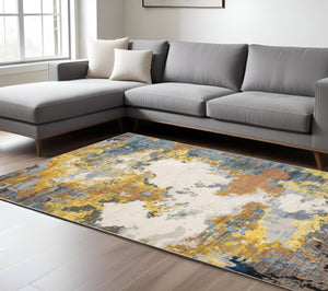HomeRoots 2' Abstract Multi-Tone Power Loom Runner Rug in Yellow, Gold, Blue, Grey, Brown & Beige Decorate Spaces 7' X 10' 508613