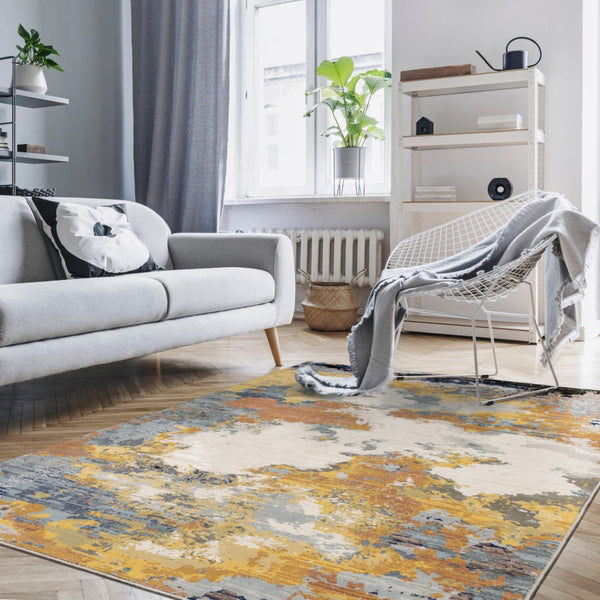 HomeRoots 2' Abstract Multi-Tone Power Loom Runner Rug in Yellow, Gold, Blue, Grey, Brown & Beige Decorate Spaces 8' X 11' 508614