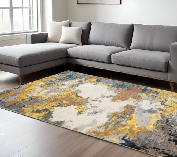 HomeRoots 2' Abstract Multi-Tone Power Loom Runner Rug in Yellow, Gold, Blue, Grey, Brown & Beige Decorate Spaces 10' X 13' 508615