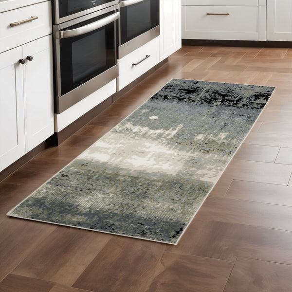 HomeRoots 2' Abstract Power Loom Runner Rug in Blue, Green, Grey, and Beige – Stain Resistant & Stylish Design 2'3" x 7'6" 508616