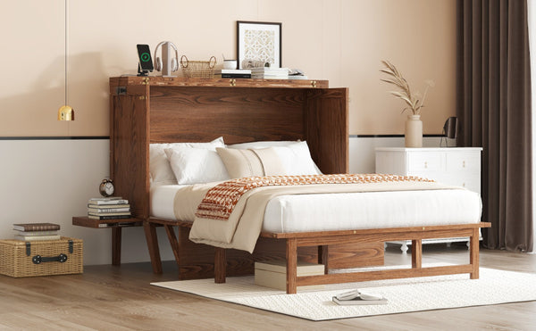 English Elm Full Size Pine Cabinet Murphy Bed with Usb Charging Side Shelves for Guest Rooms W504S00221