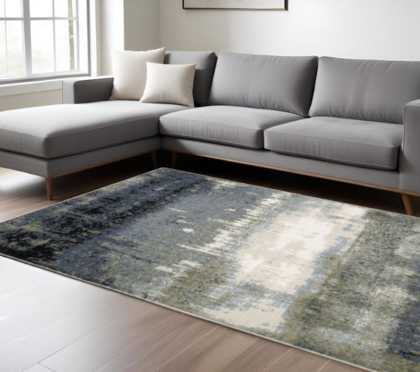 HomeRoots 2' Abstract Power Loom Runner Rug in Blue, Green, Grey, and Beige – Stain Resistant & Stylish Design 10' X 13' 508621