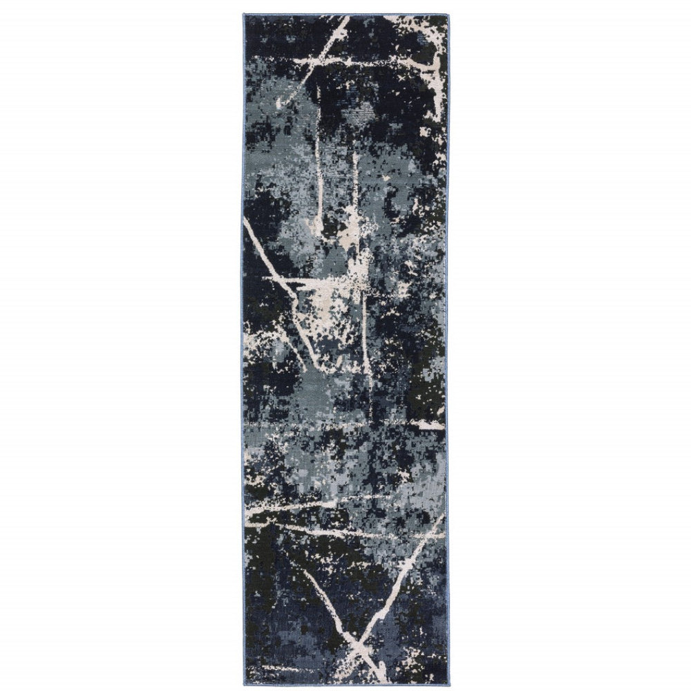 HomeRoots 2' Abstract Blue, Grey, and Beige Power-Loomed Stain-Resistant Runner Rug for Modern Spaces 2'3" x 7'6" 508622