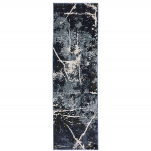 HomeRoots 2' Abstract Blue, Grey, and Beige Power-Loomed Stain-Resistant Runner Rug for Modern Spaces 2'3" x 7'6" 508622