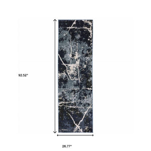 HomeRoots 2' Abstract Blue, Grey, and Beige Power-Loomed Stain-Resistant Runner Rug for Modern Spaces 2'3" x 7'6" 508622