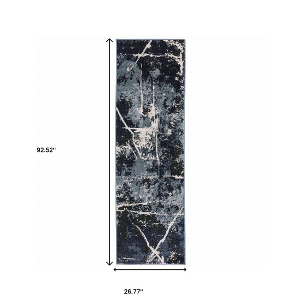 HomeRoots 2' Abstract Blue, Grey, and Beige Power-Loomed Stain-Resistant Runner Rug for Modern Spaces 2'3" x 7'6" 508622