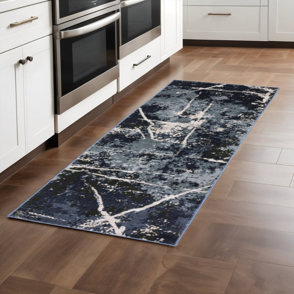 HomeRoots 2' Abstract Blue, Grey, and Beige Power-Loomed Stain-Resistant Runner Rug for Modern Spaces 2'3" x 7'6" 508622
