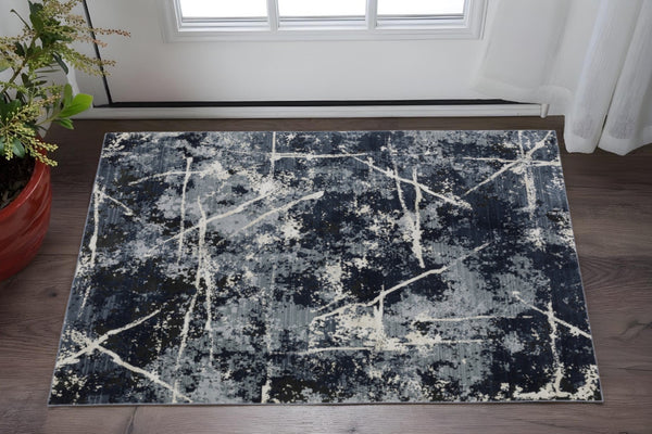 HomeRoots 2' Abstract Blue, Grey, and Beige Power-Loomed Stain-Resistant Runner Rug for Modern Spaces 3' x 5' 508623