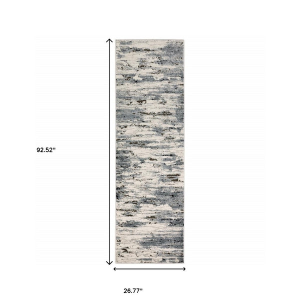 HomeRoots 2' Abstract Power Loom Runner Rug in Blue, Grey, Beige & Brown - Stain-Resistant, Durable Design 2'3" x 7'6" 508628