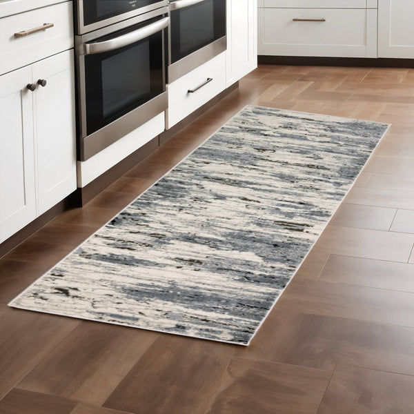 HomeRoots 2' Abstract Power Loom Runner Rug in Blue, Grey, Beige & Brown - Stain-Resistant, Durable Design 2'3" x 7'6" 508628