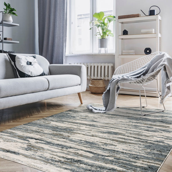 HomeRoots 2' Abstract Power Loom Runner Rug in Blue, Grey, Beige & Brown - Stain-Resistant, Durable Design 8' X 11' 508632