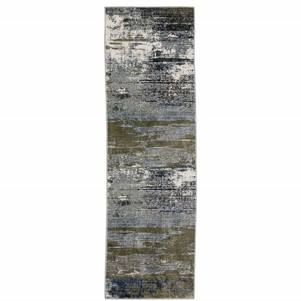 Homeroots 2' X 8' Blue Green Grey Brown And Beige Abstract Power Loom Stain Resistant Runner Rug Blue,Green Polyester 508634