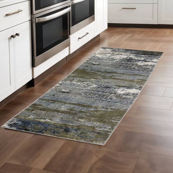 HomeRoots 2' Abstract Multicolor Power Loom Runner Rug - Stain Resistant, Durable, Modern Design for High Traffic Areas Blue/ Green 2'3" x 7'6" 508634
