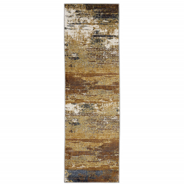 Homeroots 2' X 8' Gold Brown Rust Grey Blue And Beige Abstract Power Loom Stain Resistant Runner Rug Gold,Brown Polyester 508640