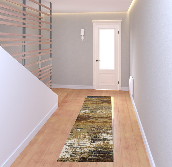 Homeroots 2' X 8' Gold Brown Rust Grey Blue And Beige Abstract Power Loom Stain Resistant Runner Rug Gold,Brown Polyester 508640