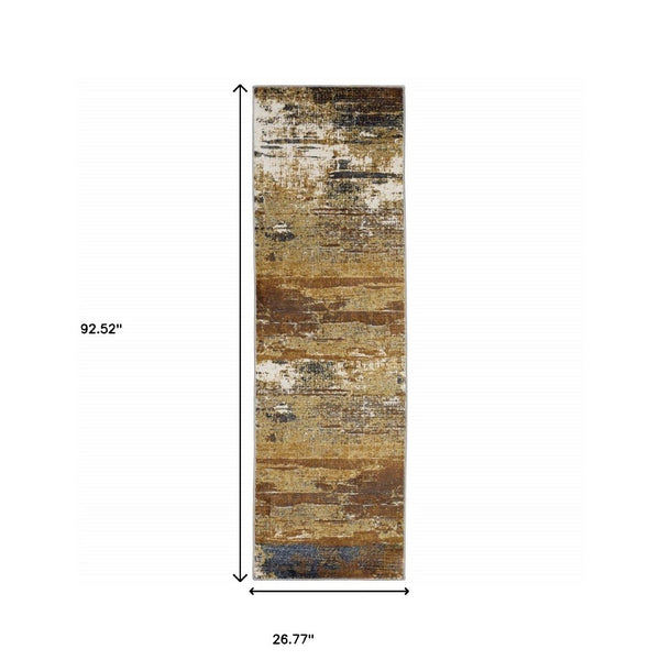HomeRoots 2' Abstract Multicolor Power Loom Runner Rug - Stain Resistant, Durable, Modern Design for High Traffic Areas Gold/ Brown 2'3" x 7'6" 508640